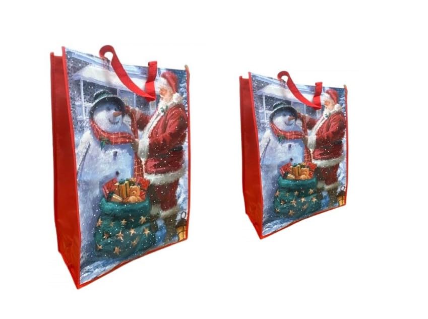 Set of 2 Reusable Christmas Tote Bags with Handles| Jumbo and X-Large Size| Non- Woven, Water Proof, Strong| XMAS Favors Goody Treat Bags for Gifts Distribution Delivery Shopping Party (Snowman)