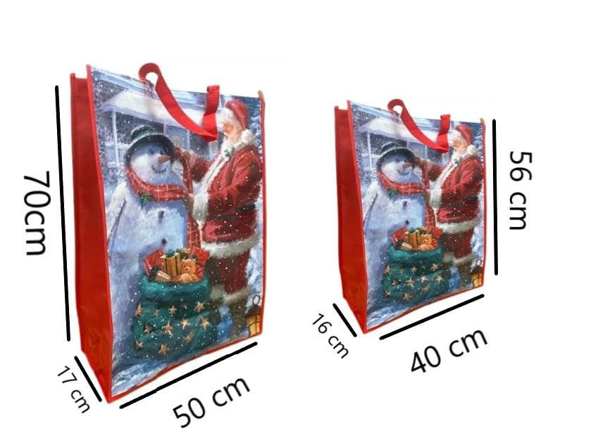 Set of 2 Reusable Christmas Tote Bags with Handles| Jumbo and X-Large Size| Non- Woven, Water Proof, Strong| XMAS Favors Goody Treat Bags for Gifts Distribution Delivery Shopping Party (Snowman)