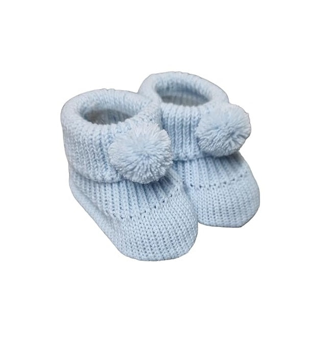 Knitted Baby Bootees with Pom Pom - W/P/B/G/Co/RG
