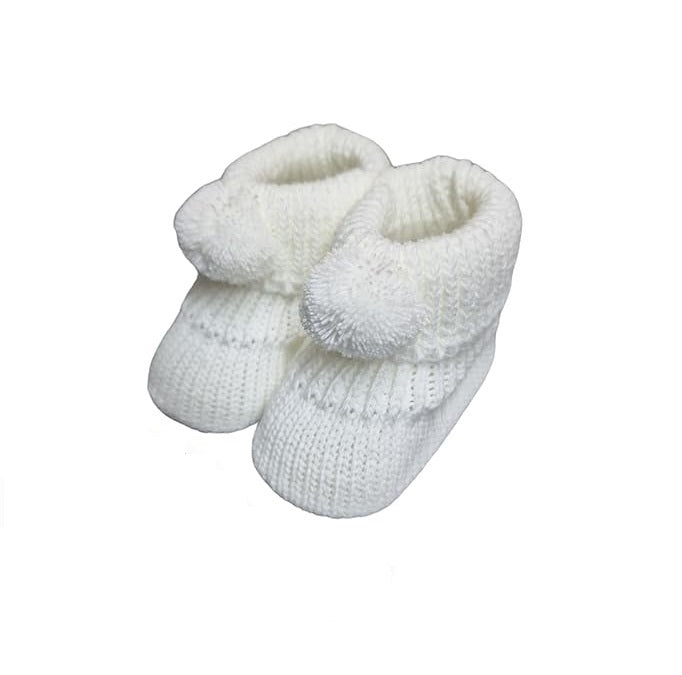 Knitted Baby Bootees with Pom Pom - W/P/B/G/Co/RG