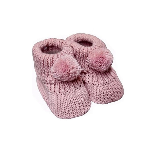 Knitted Baby Bootees with Pom Pom - W/P/B/G/Co/RG