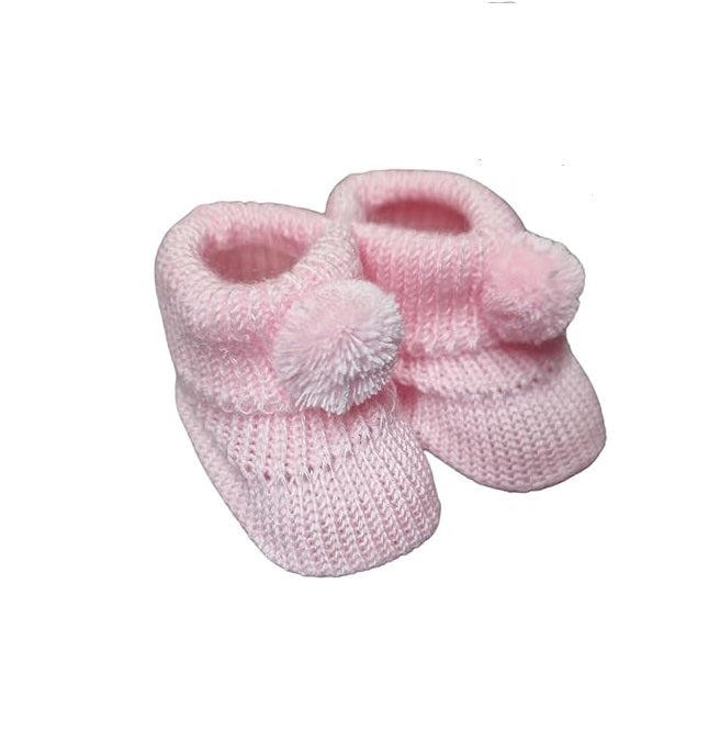 Knitted Baby Bootees with Pom Pom - W/P/B/G/Co/RG