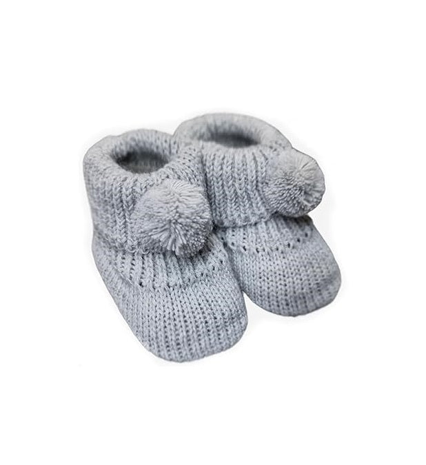 Knitted Baby Bootees with Pom Pom - W/P/B/G/Co/RG