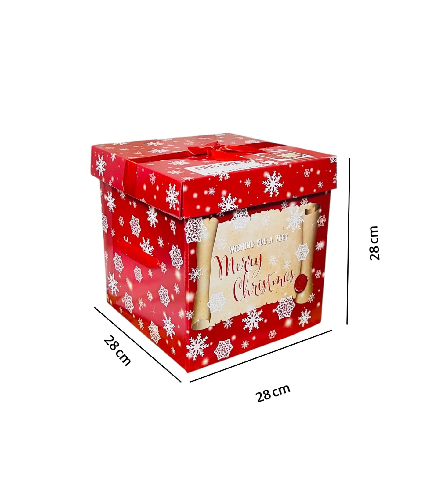 Christmas Eve Large Stunning Traditional Red print Gift box with Lid and Bow| Cute print Santa, Snow, XMAS Presents, Merry Christams| Flat Packed| 28 cm X 28 cm (Delivery Box)