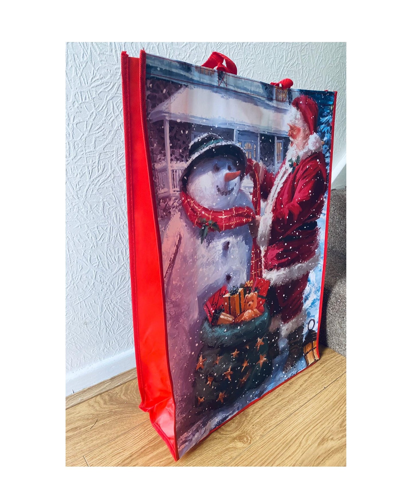 Set of 2 Reusable Christmas Tote Bags with Handles| Jumbo and X-Large Size| Non- Woven, Water Proof, Strong| XMAS Favors Goody Treat Bags for Gifts Distribution Delivery Shopping Party (Snowman)
