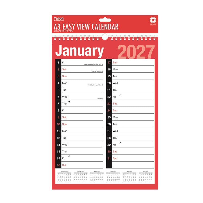 Tallon - 2027 A3 Easy View Calendar