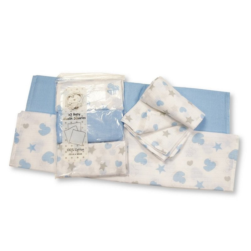 Blue Baby Muslin Squares (Set of 3)