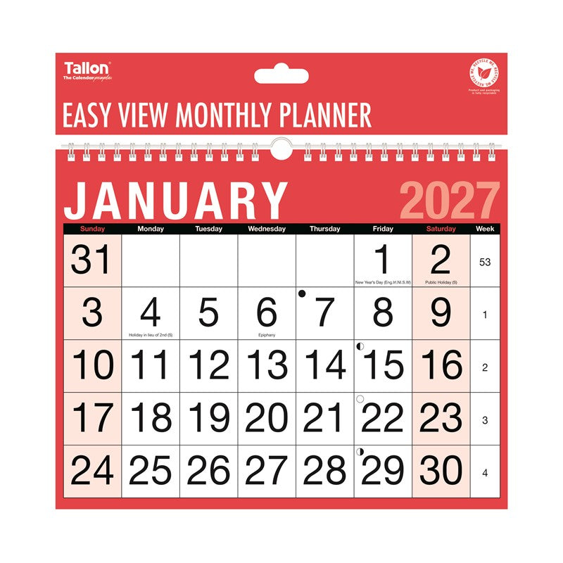 Tallon - 2027 Month to View Planner