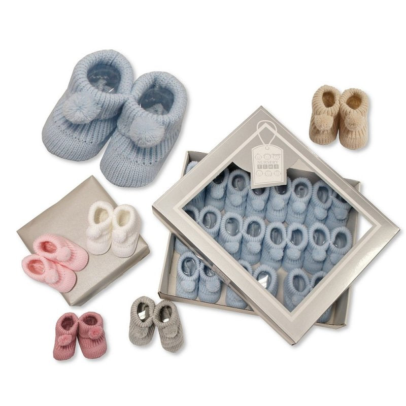 Knitted Baby Bootees with Pom Pom - W/P/B/G/Co/RG