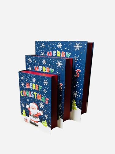 Merry Christmas Set of 3 Stackable Nestable Stunning Traditional Book Shapped Gift boxes | Cute print Santa, Snow, XMAS Presents Storage, Keepsake and Reusable (Blue)