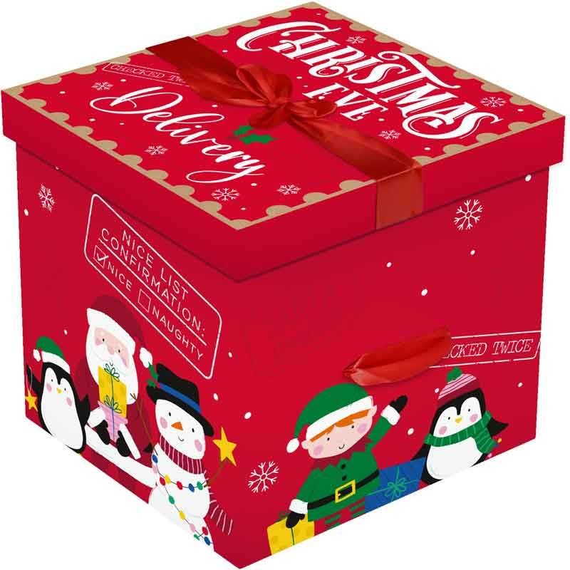 Christmas Eve Large Stunning Traditional Red print Gift box with Lid and Bow| Cute print Santa, Snow, XMAS Presents, Merry Christams| Flat Packed| 28 cm X 28 cm (Delivery Box)