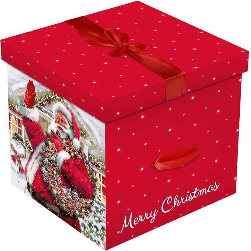 Christmas Eve Large Stunning Traditional Red print Gift box with Lid and Bow| Cute print Santa, Snow, XMAS Presents, Merry Christams| Flat Packed| 28 cm X 28 cm (Delivery Box)
