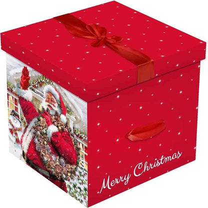 Christmas Eve Large Stunning Traditional Red print Gift box with Lid and Bow| Cute print Santa, Snow, XMAS Presents, Merry Christams| Flat Packed| 28 cm X 28 cm (Delivery Box)