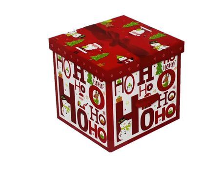 Christmas Eve Large Stunning Traditional Red print Gift box with Lid and Bow| Cute print Santa, Snow, XMAS Presents, Merry Christams| Flat Packed| 28 cm X 28 cm (Delivery Box)