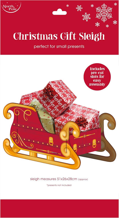 Eurowrap Santa’s Present Sleigh – Large 51cm Festive Red Holder & Decorative Display – Sturdy 1200gsm Cardboard Sleigh for Presents & Holiday Decorations – Easy Assembly