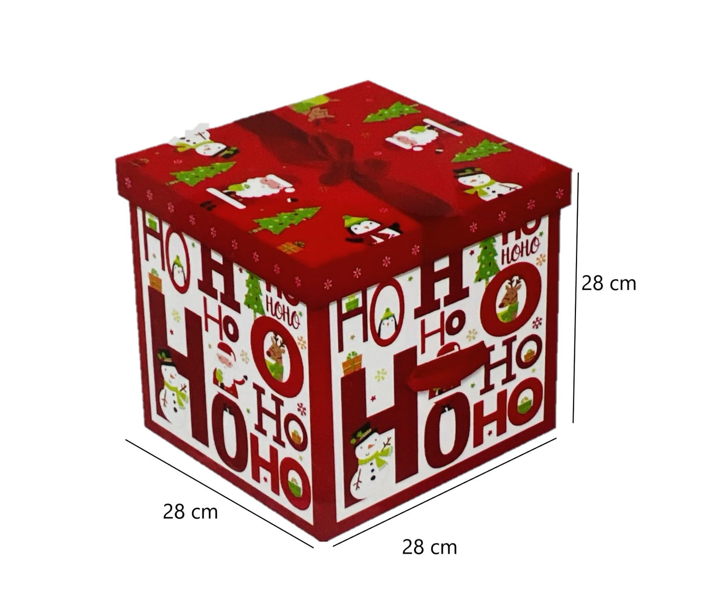 Christmas Eve Large Stunning Traditional Red print Gift box with Lid and Bow| Cute print Santa, Snow, XMAS Presents, Merry Christams| Flat Packed| 28 cm X 28 cm (Delivery Box)