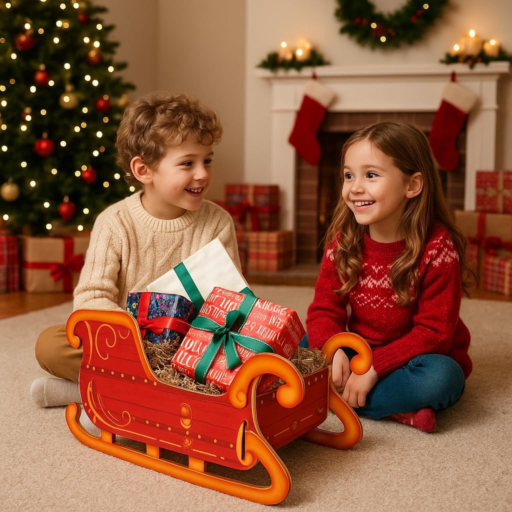 Eurowrap Santa’s Present Sleigh – Large 51cm Festive Red Holder & Decorative Display – Sturdy 1200gsm Cardboard Sleigh for Presents & Holiday Decorations – Easy Assembly