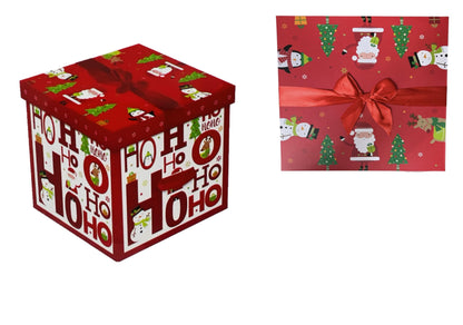 Christmas Eve Large Stunning Traditional Red print Gift box with Lid and Bow| Cute print Santa, Snow, XMAS Presents, Merry Christams| Flat Packed| 28 cm X 28 cm (Delivery Box)