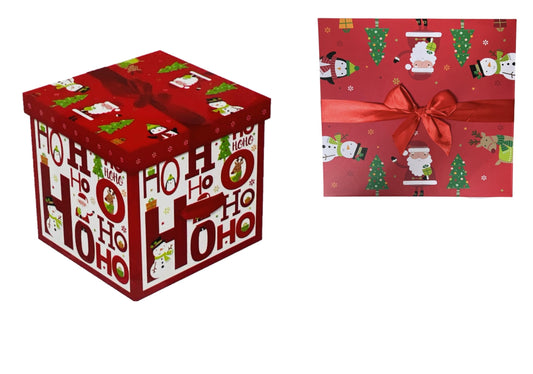 Christmas Eve Large Stunning Traditional Red print Gift box with Lid and Bow| Cute print Santa, Snow, XMAS Presents, Merry Christams| Flat Packed| 28 cm X 28 cm (Delivery Box)