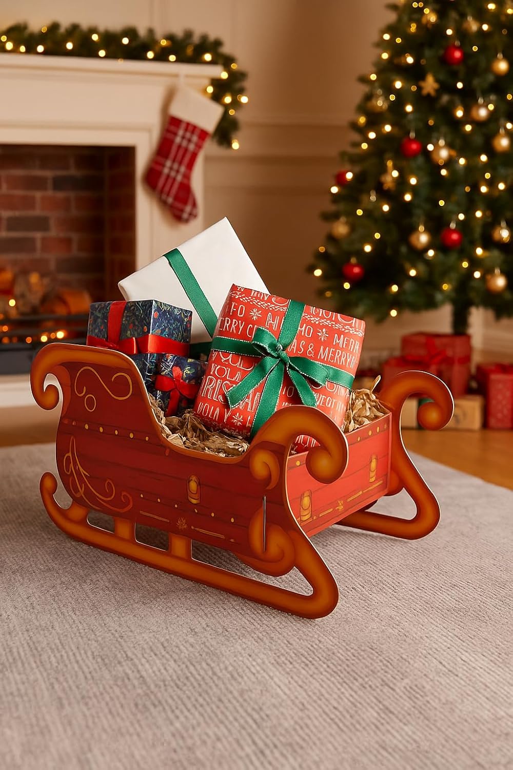 Eurowrap Santa’s Present Sleigh – Large 51cm Festive Red Holder & Decorative Display – Sturdy 1200gsm Cardboard Sleigh for Presents & Holiday Decorations – Easy Assembly