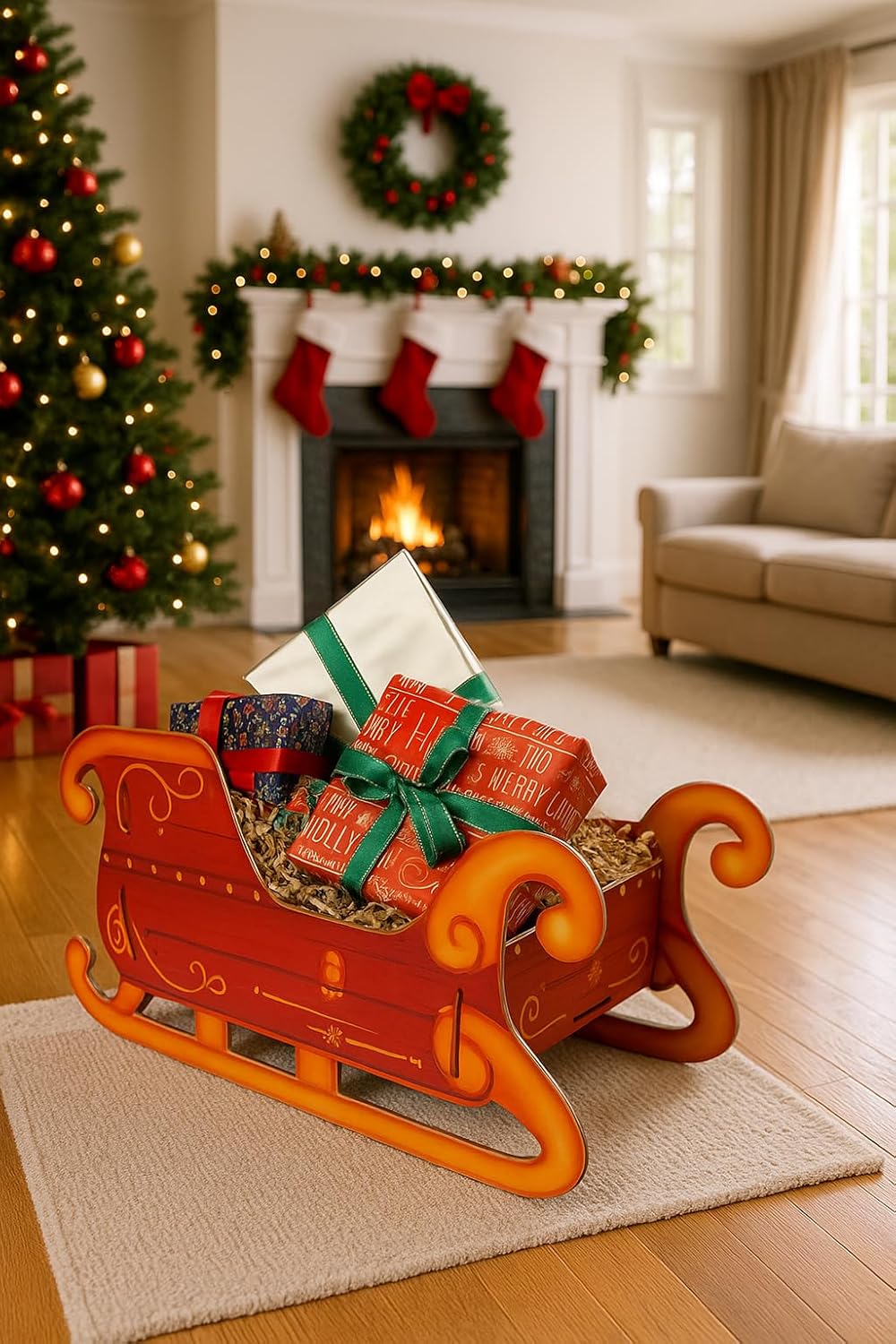 Eurowrap Santa’s Present Sleigh – Large 51cm Festive Red Holder & Decorative Display – Sturdy 1200gsm Cardboard Sleigh for Presents & Holiday Decorations – Easy Assembly
