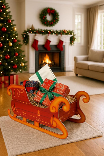 Eurowrap Santa’s Present Sleigh – Large 51cm Festive Red Holder & Decorative Display – Sturdy 1200gsm Cardboard Sleigh for Presents & Holiday Decorations – Easy Assembly