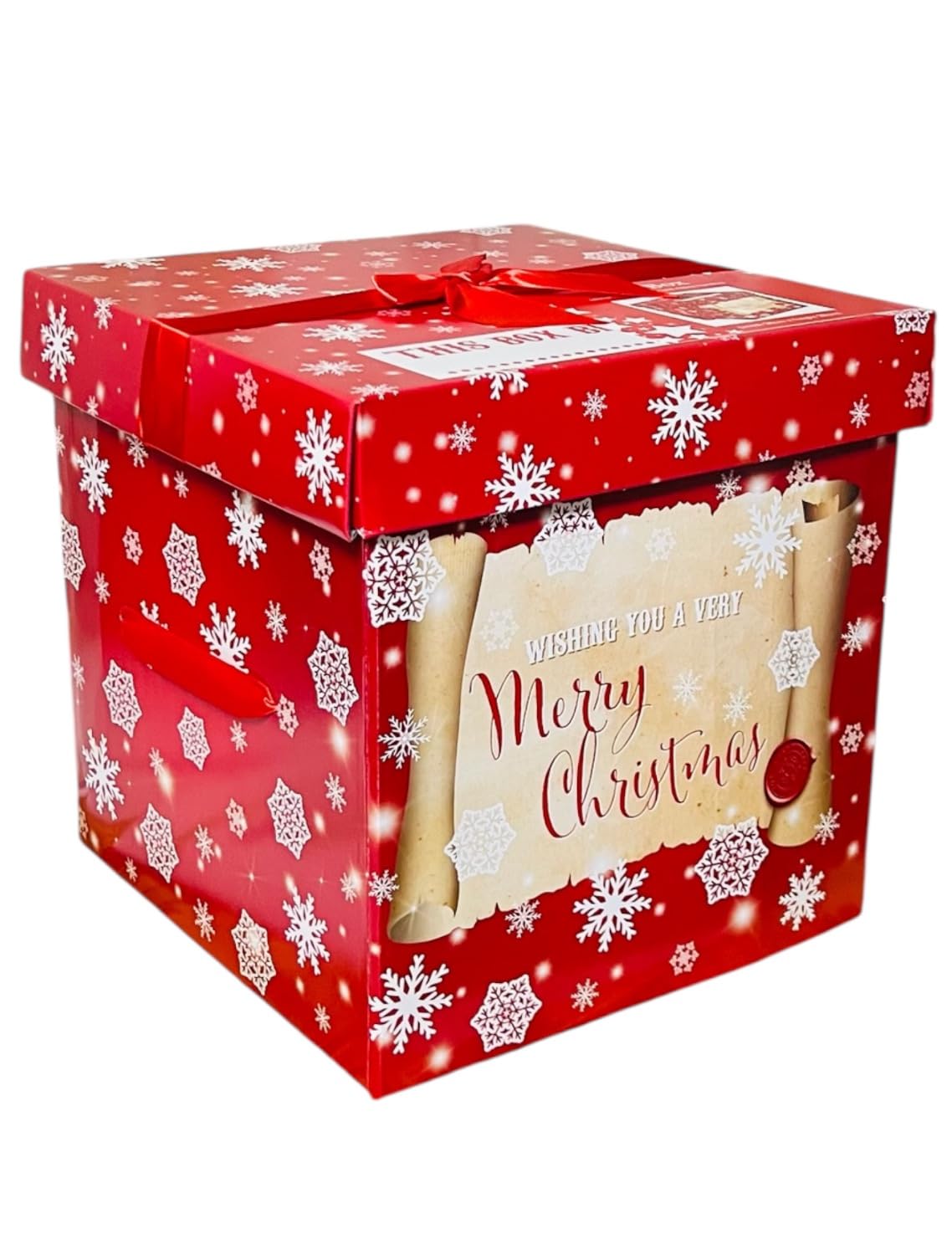 Christmas Eve Large Stunning Traditional Red print Gift box with Lid and Bow| Cute print Santa, Snow, XMAS Presents, Merry Christams| Flat Packed| 28 cm X 28 cm (Delivery Box)