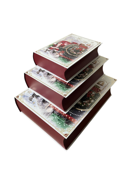 Merry Christmas Set of 3 Stackable Nestable Stunning Traditional Book Shapped Gift boxes | Cute print Santa, Snow, XMAS Presents Storage, Keepsake and Reusable (Blue)