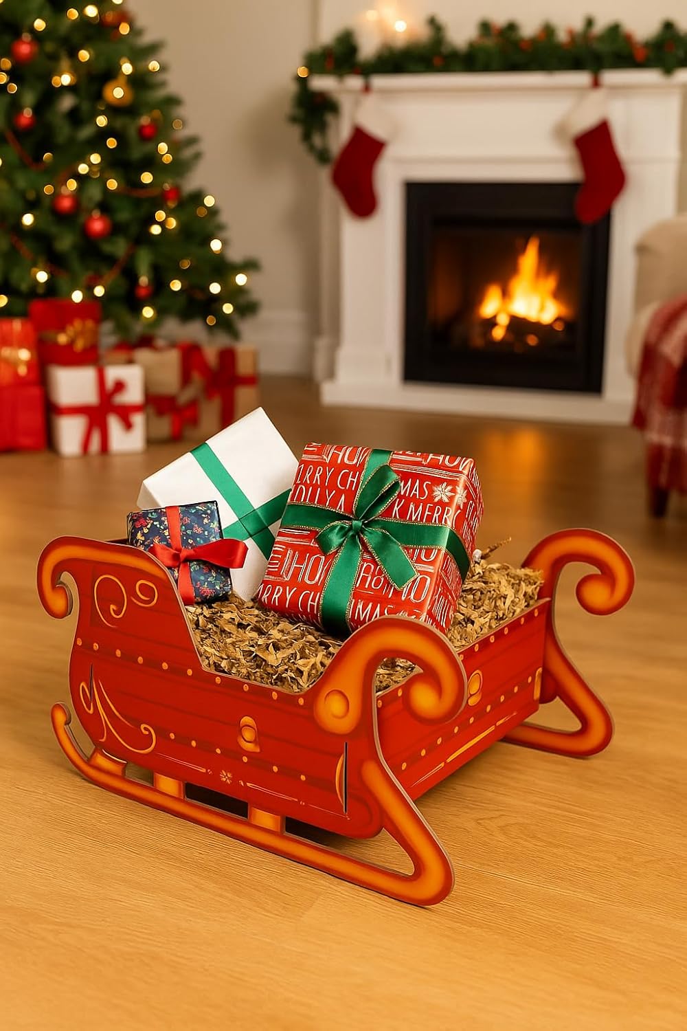 Eurowrap Santa’s Present Sleigh – Large 51cm Festive Red Holder & Decorative Display – Sturdy 1200gsm Cardboard Sleigh for Presents & Holiday Decorations – Easy Assembly