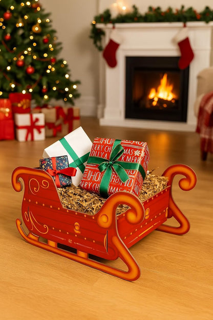 Eurowrap Santa’s Present Sleigh – Large 51cm Festive Red Holder & Decorative Display – Sturdy 1200gsm Cardboard Sleigh for Presents & Holiday Decorations – Easy Assembly