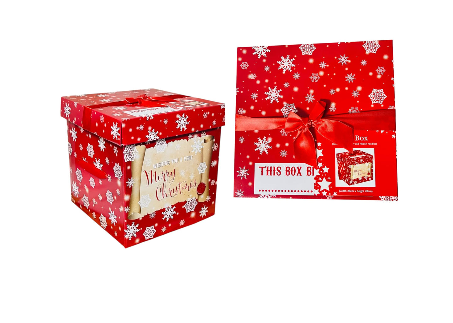 Christmas Eve Large Stunning Traditional Red print Gift box with Lid and Bow| Cute print Santa, Snow, XMAS Presents, Merry Christams| Flat Packed| 28 cm X 28 cm (Delivery Box)