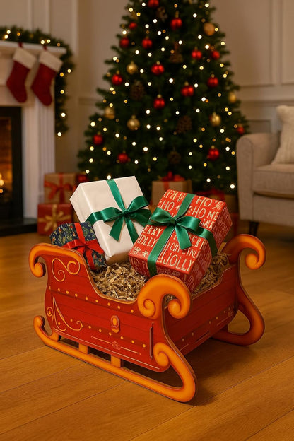 Eurowrap Santa’s Present Sleigh – Large 51cm Festive Red Holder & Decorative Display – Sturdy 1200gsm Cardboard Sleigh for Presents & Holiday Decorations – Easy Assembly
