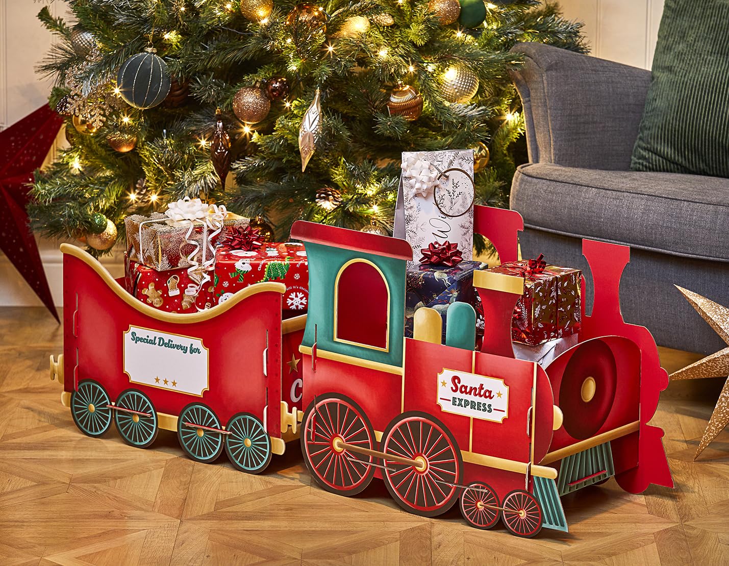 Design by Violet Gingerbread Christmas Train Gift Holder – Festive Cardboard Toy Train for Presents & Treats – 1200GSM with 83 Alphabet Stickers – Cute Christmas Morning Decoration for Kids
