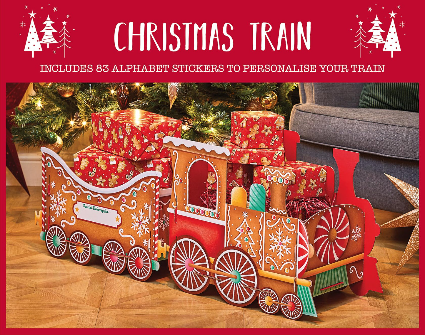 Design by Violet Gingerbread Christmas Train Gift Holder – Festive Cardboard Toy Train for Presents & Treats – 1200GSM with 83 Alphabet Stickers – Cute Christmas Morning Decoration for Kids