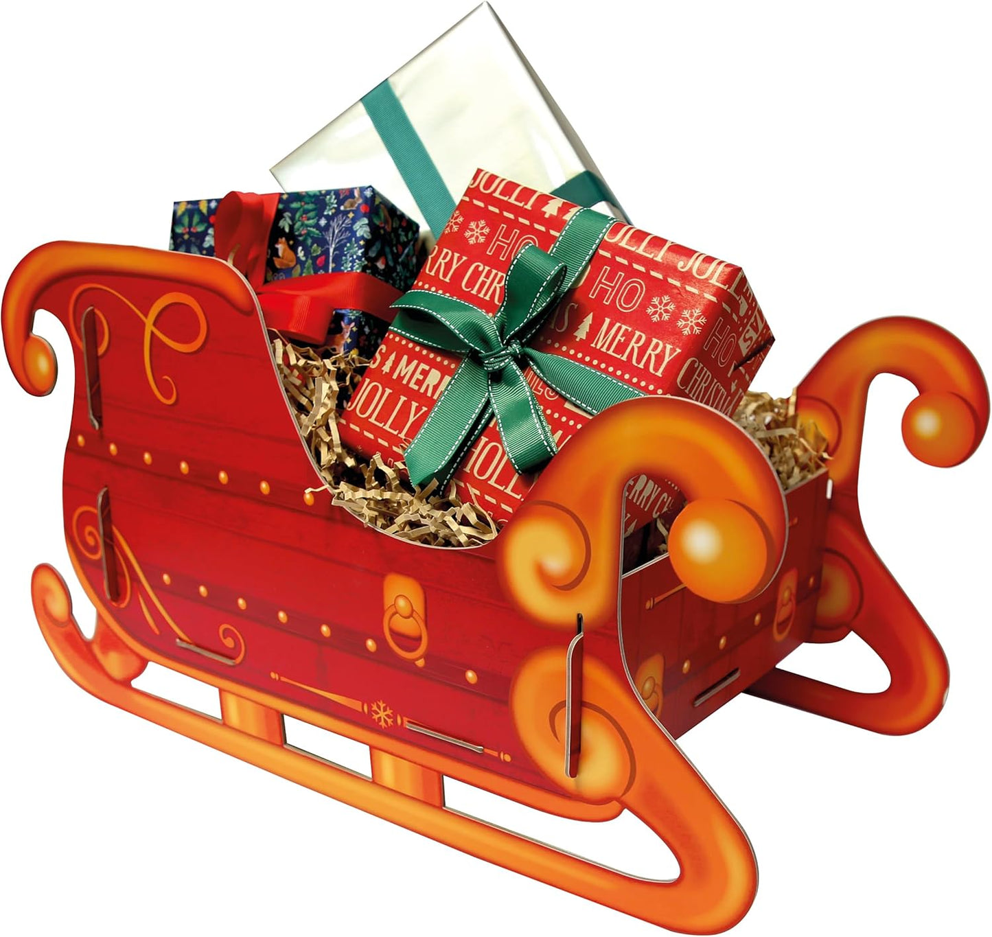 Eurowrap Santa’s Present Sleigh – Large 51cm Festive Red Holder & Decorative Display – Sturdy 1200gsm Cardboard Sleigh for Presents & Holiday Decorations – Easy Assembly