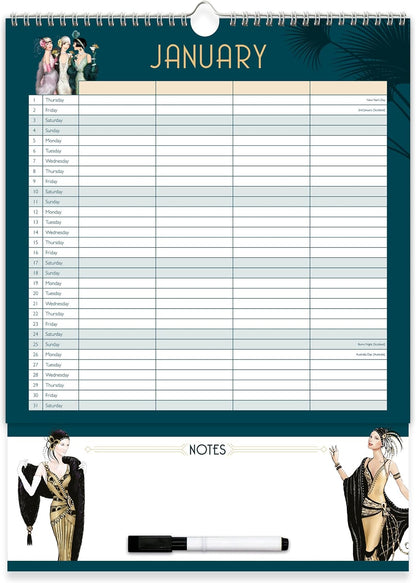 Claire Coxon Art Deco 2027 Family Organiser Wall Calendar | Large 4-Column Monthly Planner with Wipe-Clean Notes, Pen & Hanging Loop
