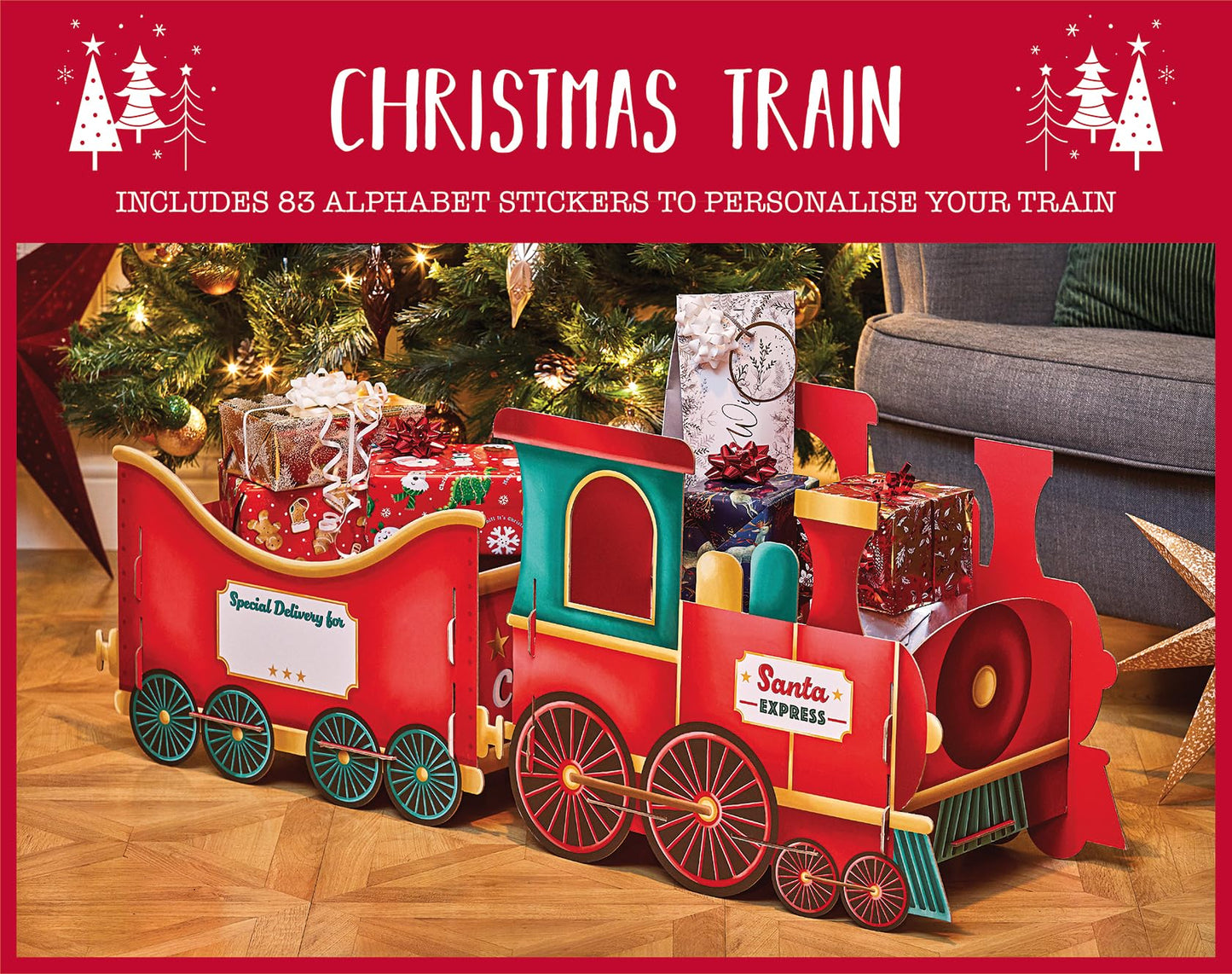 Design by Violet Gingerbread Christmas Train Gift Holder – Festive Cardboard Toy Train for Presents & Treats – 1200GSM with 83 Alphabet Stickers – Cute Christmas Morning Decoration for Kids