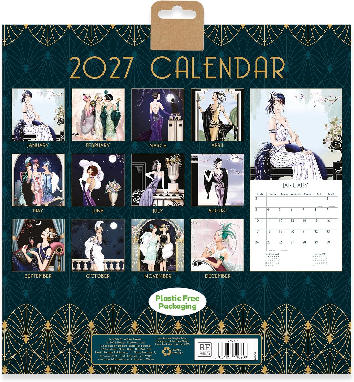 Claire Coxon Art Deco 2027 Square Wall Calendar | Monthly Planner Featuring Original Art Deco Illustrations | Elegant Decorative Calendar