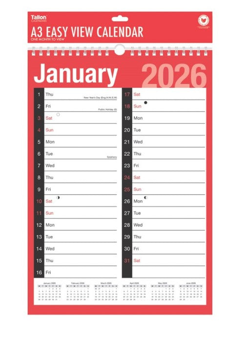 Tallon - A3 Easy View Calendar