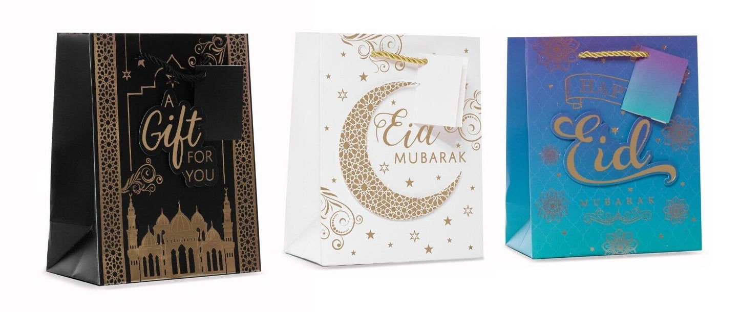 Medium 3D Foil Eid Mubarak Gift Bags With Twisted Tie Handle & Gift Tag (Set of 6)
