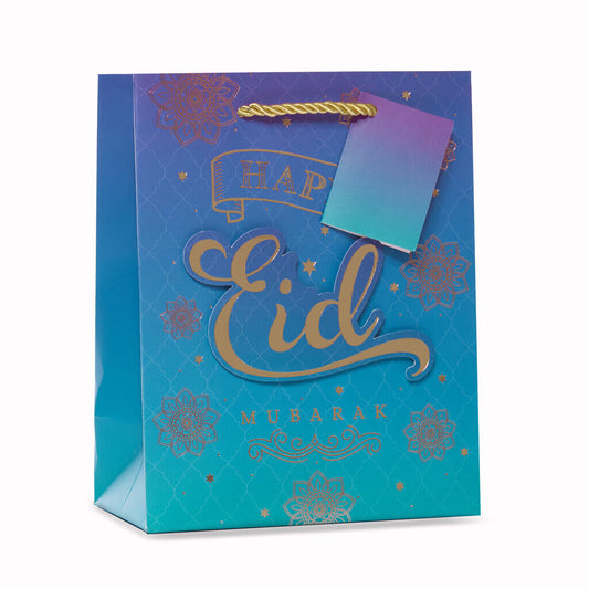Medium 3D Foil Eid Mubarak Gift Bags With Twisted Tie Handle & Gift Tag