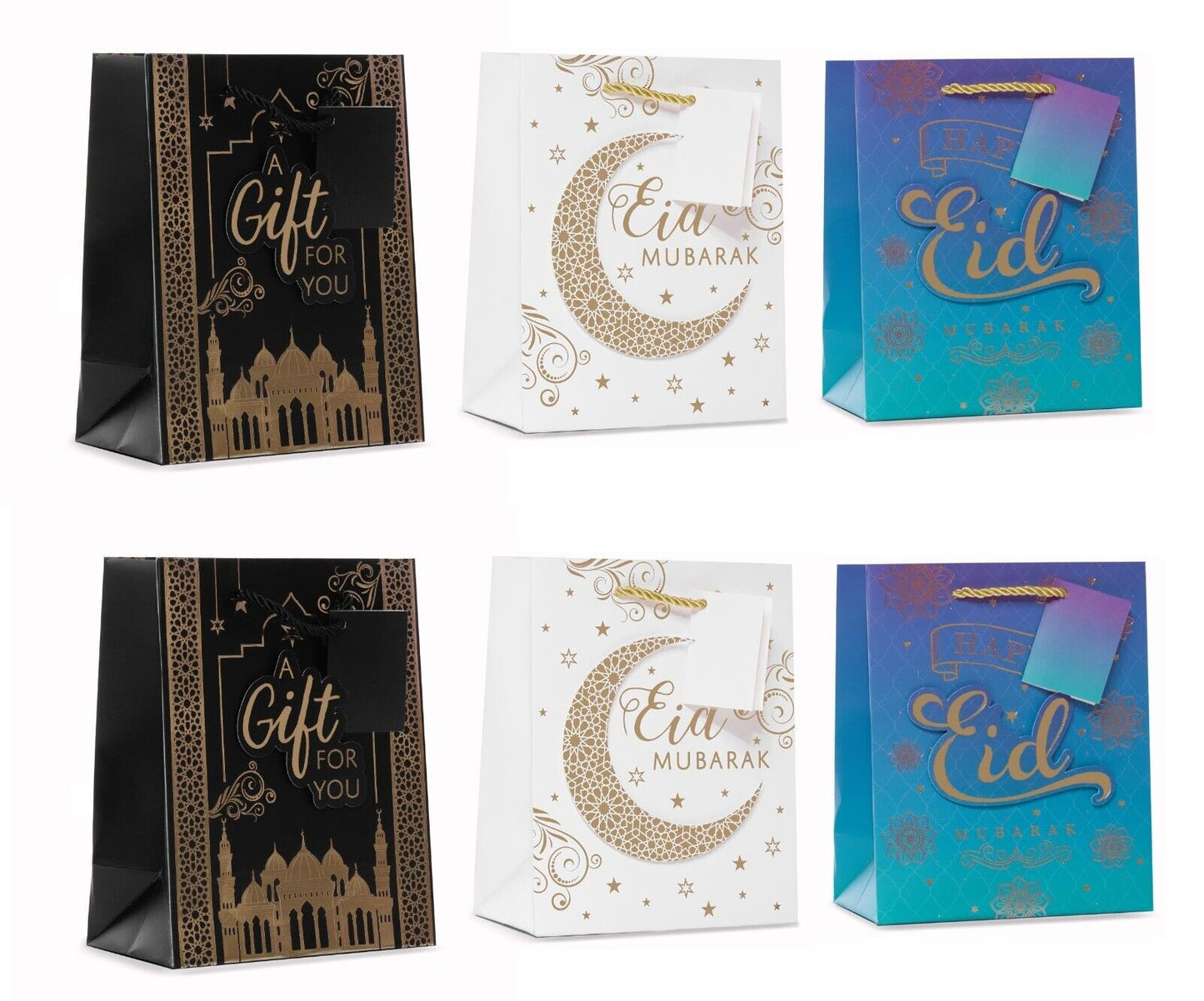 Medium 3D Foil Eid Mubarak Gift Bags With Twisted Tie Handle & Gift Tag (Set of 6)