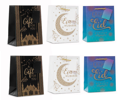 Medium 3D Foil Eid Mubarak Gift Bags With Twisted Tie Handle & Gift Tag (Set of 6)