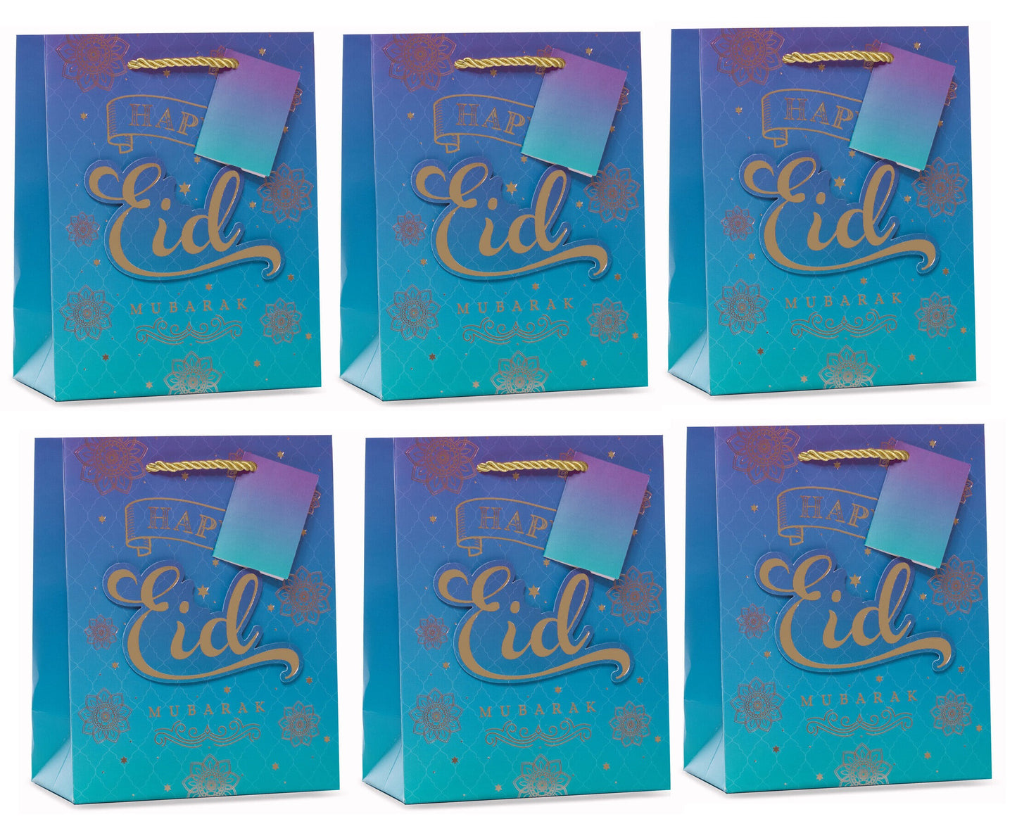 Medium 3D Foil Eid Mubarak Gift Bags With Twisted Tie Handle & Gift Tag (Set of 6)
