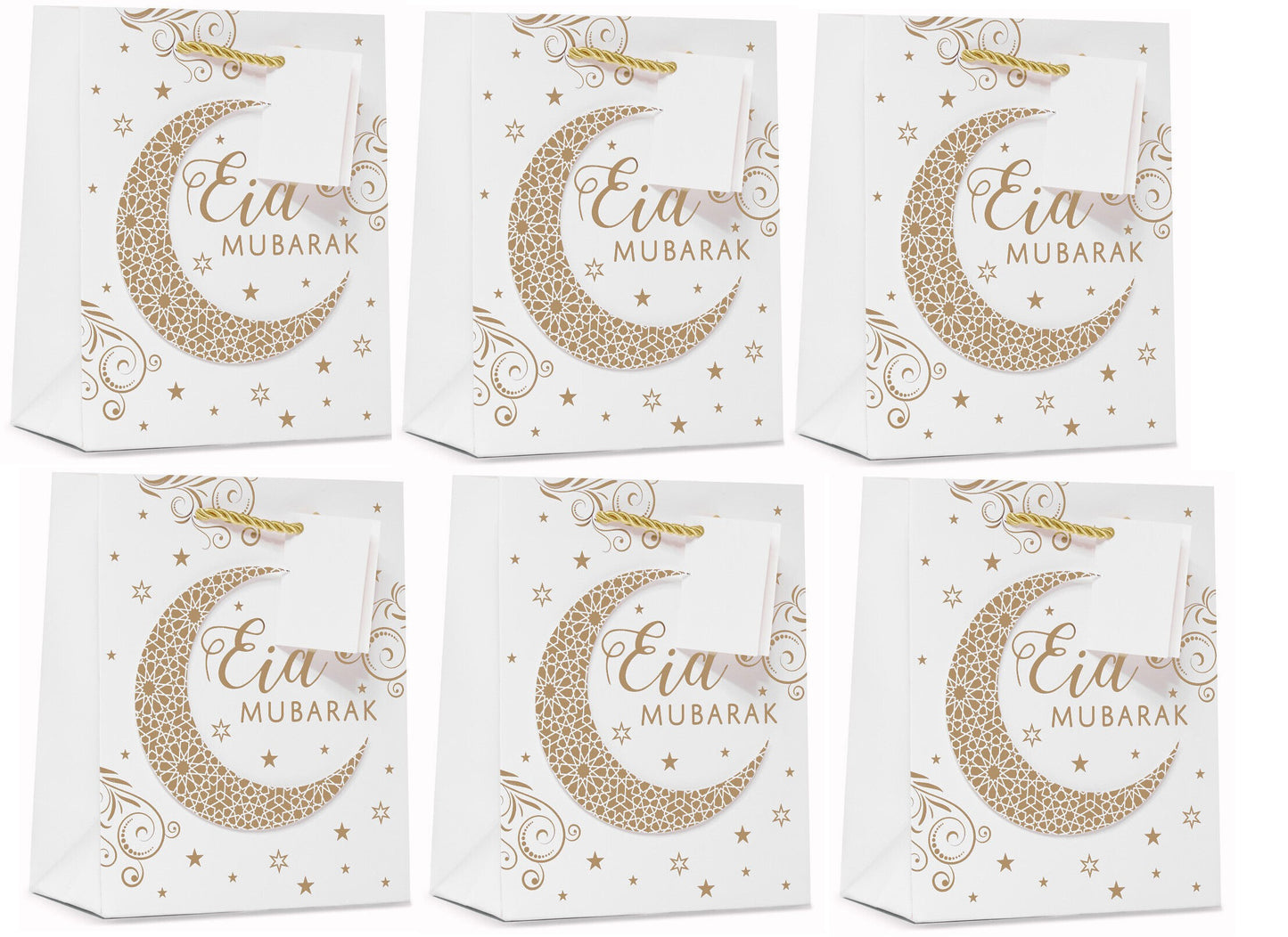 Medium 3D Foil Eid Mubarak Gift Bags With Twisted Tie Handle & Gift Tag (Set of 6)