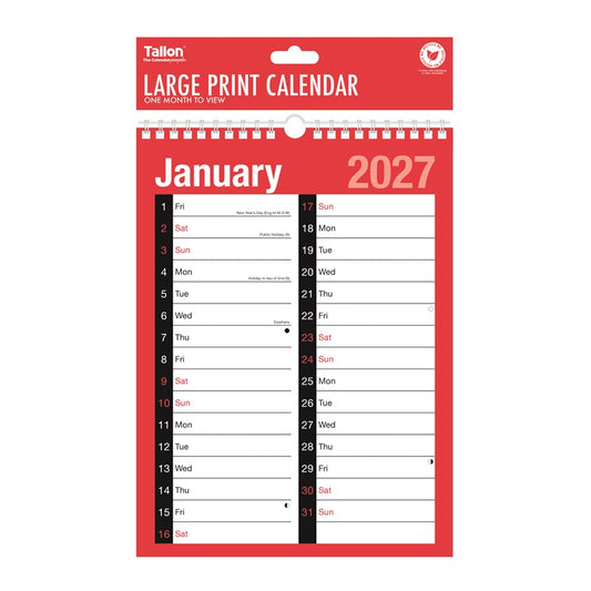 Tallon - 2027 A4 Large Print Calendar